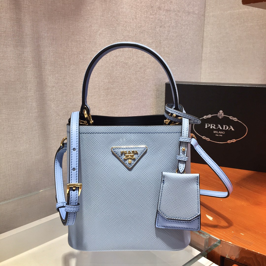 Prada Small Saffiano Leather Panier Bag Light Blue/Black 1BA217